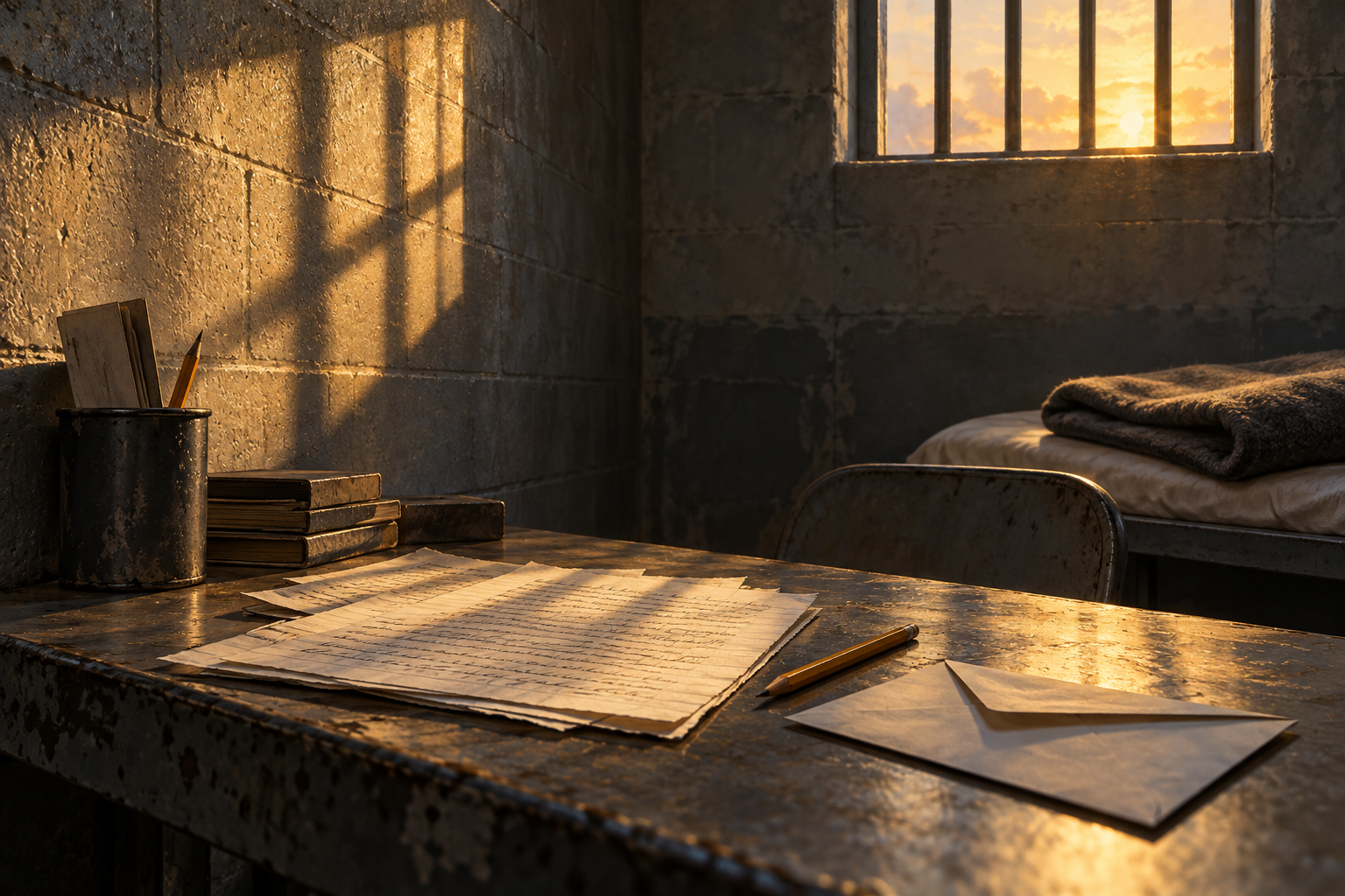 AI-generated illustration of papers, an envelope and a pencil on a prison writing desk beside a barred window