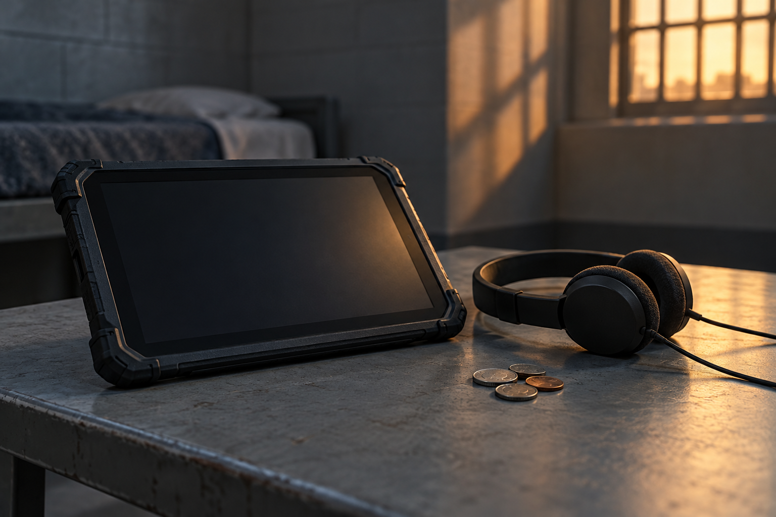 AI-generated editorial illustration of an unbranded tablet, headphones and coins on an institutional desk.